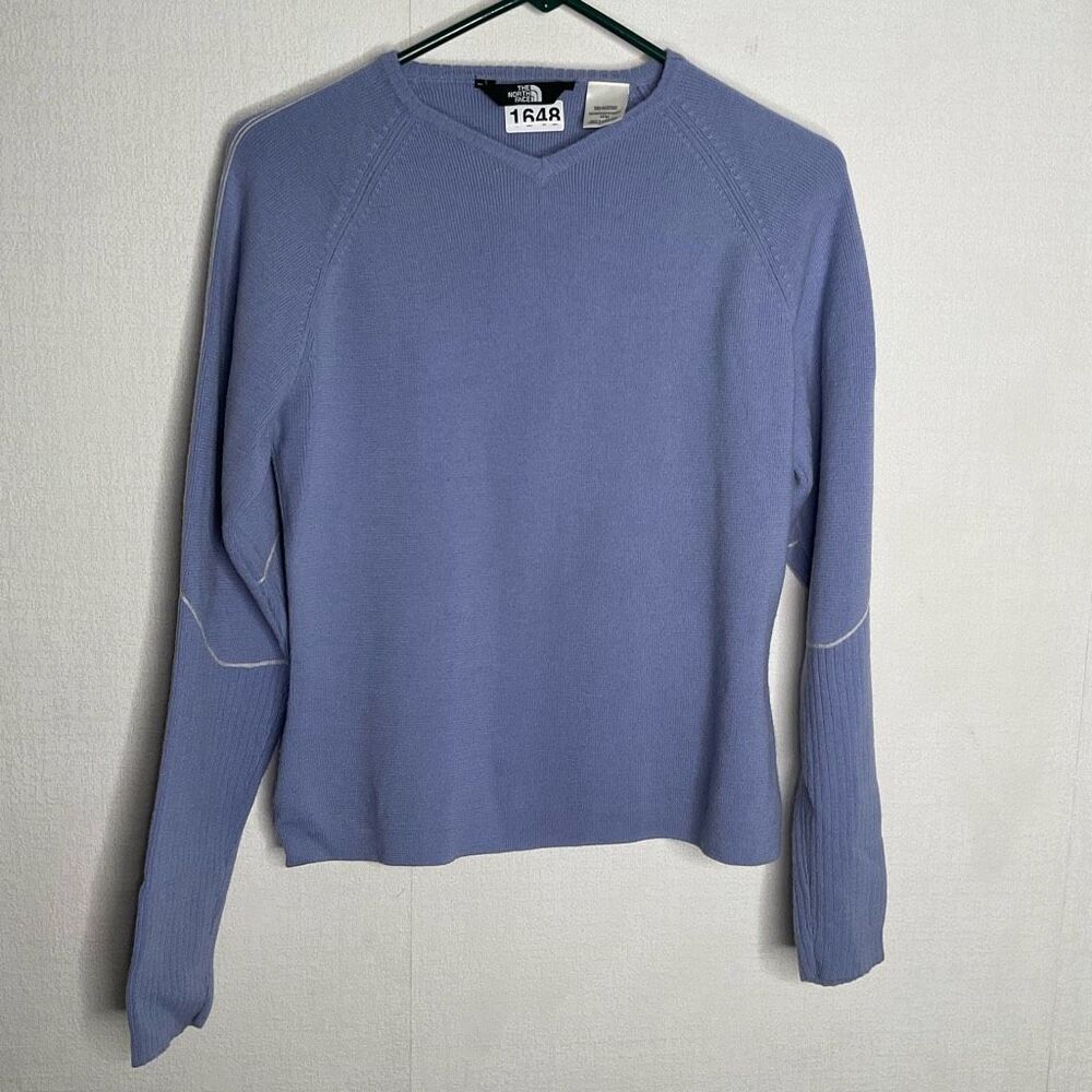 Vtg The North Face Sweater Women's Medium 100% Wool Blue Pullover V Neck Y2K